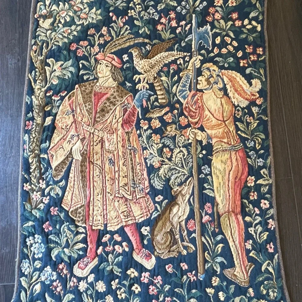 Vintage French Aubusson‎ Medieval Hunting  Millefleurs Woven Hanging Tapestry